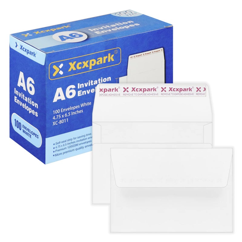 Xxcxpark أظرف دعوات قابلة للطباعة Xxcxpark 100 قطعة بحجم A6 4.75 × 6.5 بوصة، أظرف ورقية بيضاء 120 جرام ذاتية الإغلاق للدعوات، الأوراق، الصور، الوثائق، حفلات الزفاف، حفلات استقبال المواليد، سهلة الإغلاق من خلال التقشير. - Image 1